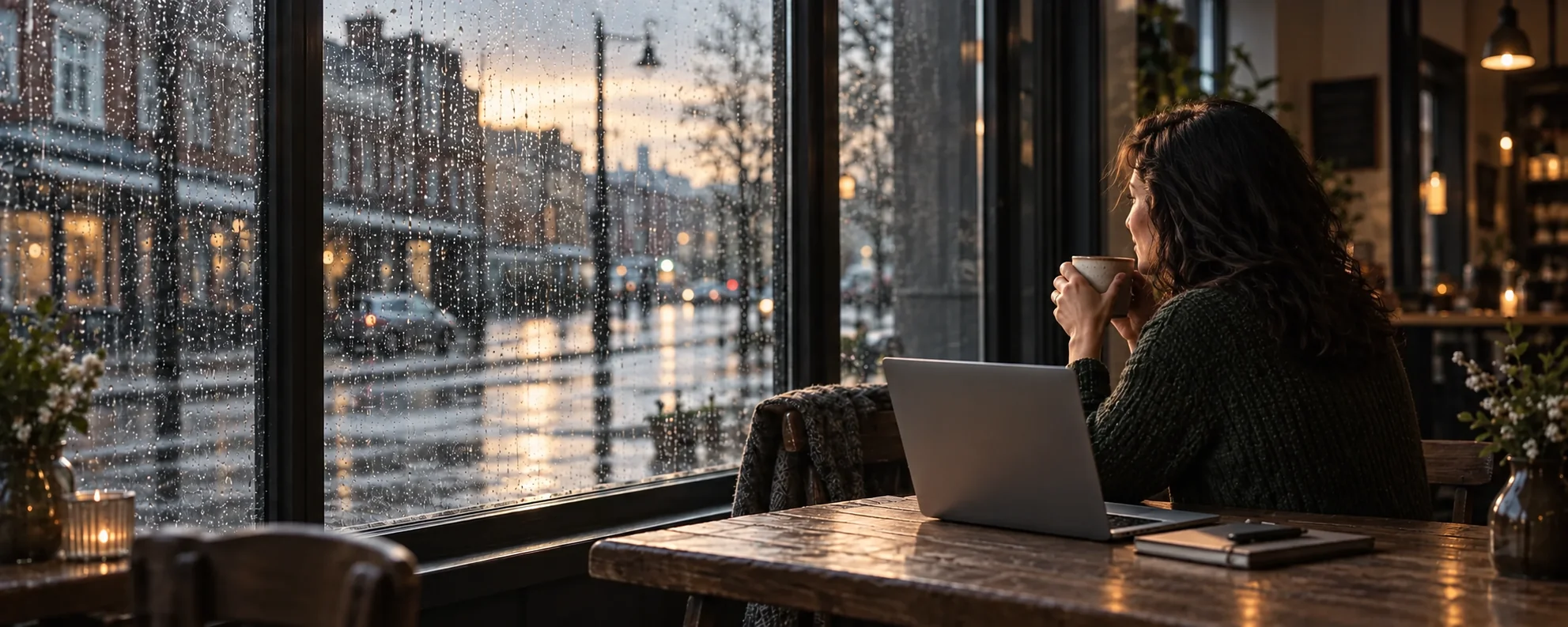 A marketer takes a quiet coffee break by a rainy café window, with a laptop facing their seat.