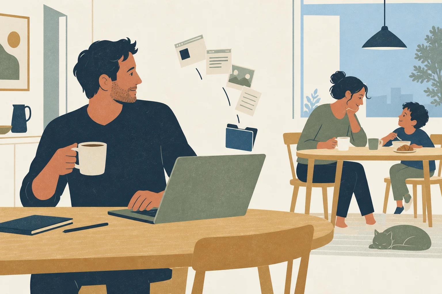 Illustration of a marketer starting competitor research over coffee while their family shares breakfast nearby.